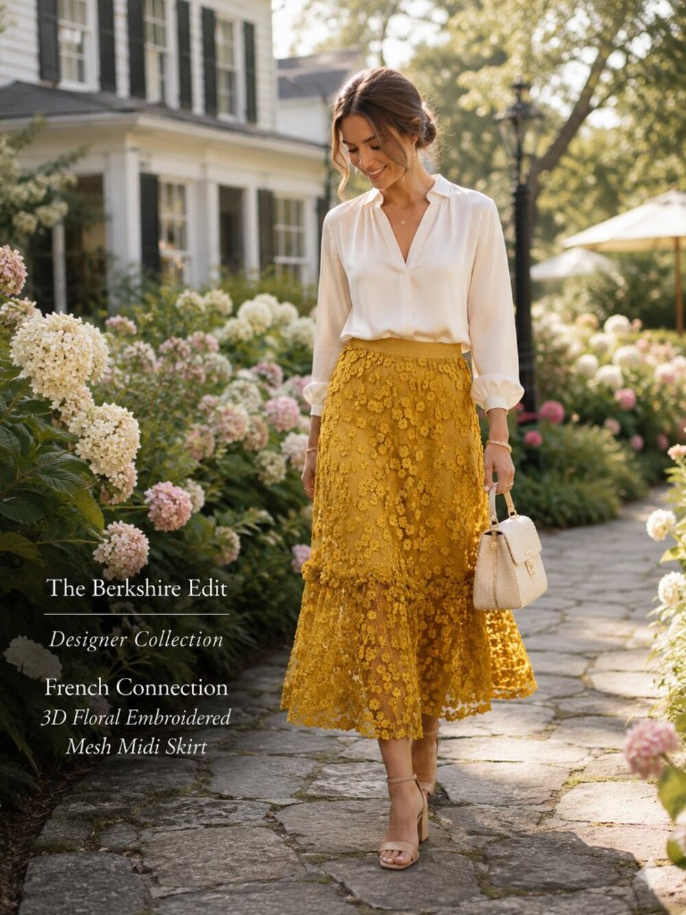 French Connection 3D Floral Embroidered Mesh Midi Skirt Mustard Size 6